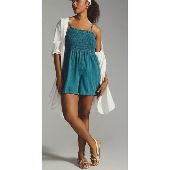 Pilcro Linen Romper Teal Blue Smocked Pullover Pocket Spaghetti Sleeveless Sz S - Picture 1 of 7